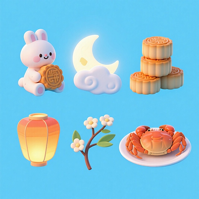 需要6个Q版中秋素材图标，可爱电商促销感。
第1个素材：月兔抱着月饼，坐姿；
第2个素材：月亮（前面有祥云）；
第3个素材：3个月饼堆放；
第4个素材：孔明灯；
第5个素材：桂花；
第6个素材：大闸蟹在盘子里。
画面整体呈现鲜艳效果，淡蓝色背景。上下两行，排列整齐