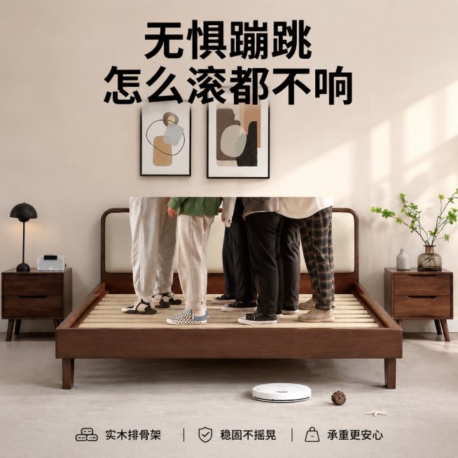 [主图 1] 实木床承重稳固性展示首图。保持床头床尾的颜色、材质、造型与参考图2完全一致，床板上的人物站位、穿着保持与参考图1一致，杜绝任何变形和色差，精细化处理。画面氛围为温馨居家生活感，胡桃木实木预览效果