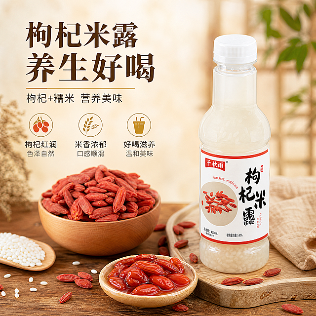 [主图-7] 枸杞米露专页：枸杞口味特色展示。
[统一基调] 清新自然饮品商业摄影风；背景主色=暖米黄+浅木色；标题字色=深棕；辅助字色=中暖灰；强调色=蜂蜜金；标题字体=书法宋体粗体；辅助字体=简洁黑体；组件=圆角米白底信息卡、细线引线、清新圆形图标。
[画面] 枸杞米露瓶位于画面右侧，占画面约35%；左侧展示枸杞原料特写：饱满的红枸杞颗粒（占画面约40%），有干枸杞、泡发枸杞；旁边有糯米粒点缀；枸杞元素大且占主视觉，突出枸杞品质与色泽；背景为暖红棕色调，有木质桌面虚化；前中后景层次丰富。
[光影质感] 左前侧暖柔光，枸杞颗粒饱满有光泽，瓶身通透；产品自然融入场景，底部有接触阴影；商业产品摄影质感。
[配色] 暖红棕主色调，暖木色桌面，深棕标题字；枸杞红色为视觉重点。
[文字版式] 左上主标题「枸杞米露 养生好喝」，副标题「枸杞+糯米 营养美味」，下方3个信息点：枸杞红润 米香浓郁 好喝滋养；文字放在左上留白处，不遮挡枸杞原料和产品；所有文字横排。
[输出要求] 800×800 1:1方图，2K分辨率，文字清晰可读，产品清晰完整；禁止变形、错字、模糊、杂乱、水印、平台Logo、极限词。