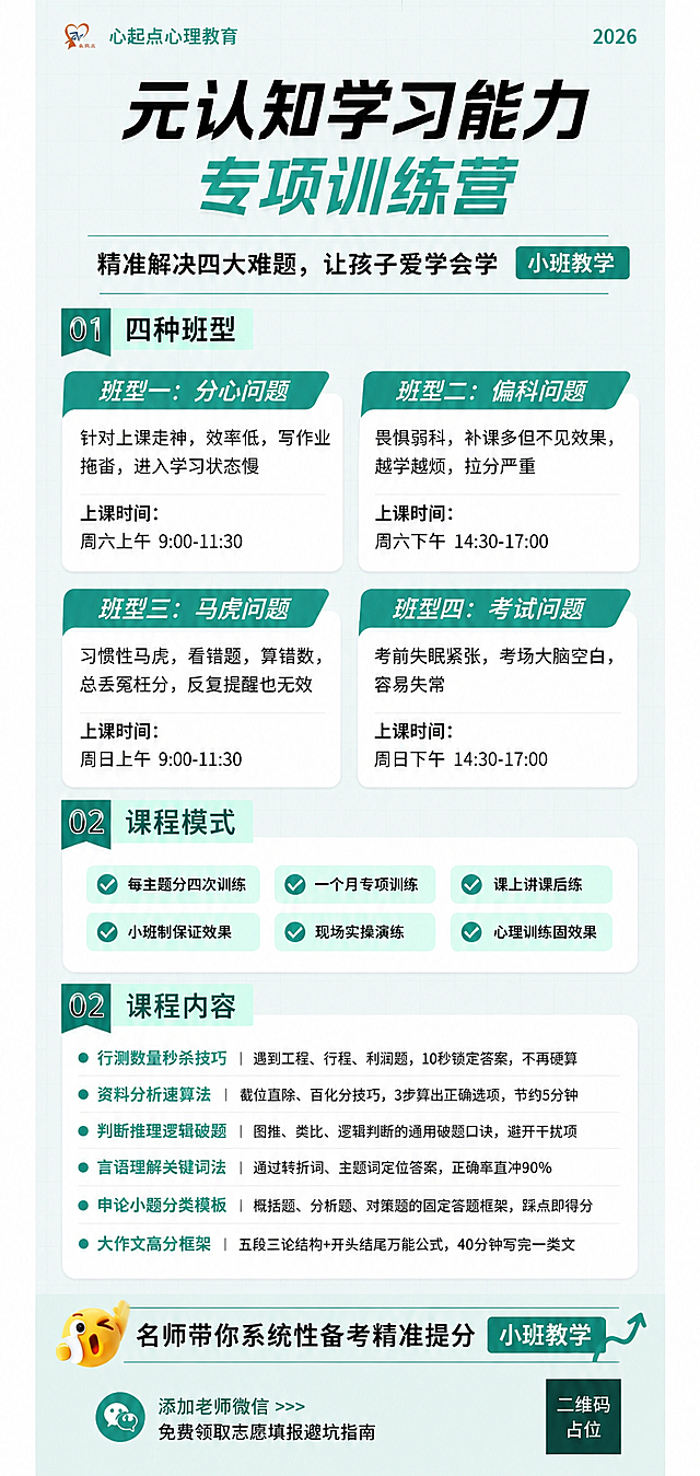 基于上一张海报进行修改重绘，保留所有版式结构、文案内容、班型2×2对齐布局不变，将画面中所有红色元素（红色标题、红色班型标签、红色编号标签、红色列表圆点、红色小班教学标签、红色底部按钮等）全部替换为清新盛夏感的清凉绿色系，营造凉快舒爽的视觉感受。

具体配色要求：
- 主色替换为清新薄荷绿/青绿色（参考色值 #2EC4B6 或 #34D399 附近），深浅有层次
- 强调色用深青绿（如 #0F766E），辅助浅色用淡薄荷绿（#D1FAE5）
- 背景保持浅灰或淡青灰调，整体清爽凉快，符合盛夏清凉感
- 文字在绿色背景上保持清晰可读（白字配深绿底，深绿字配白底）

所有文案内容、数字、排版结构、四个班型的对齐方式、课程模式6个标签、课程内容列表、底部二维码占位等均保持不变，仅替换红色系为清凉绿色系。

画面中所有数字必须精确渲染：9:00-11:30、14:30-17:00、10秒、5分钟、90%、40分钟。
二维码区域使用纯色方块占位符，中央标注「二维码占位」文字。
画面中所有信息区域填充完整，排版精美对齐。