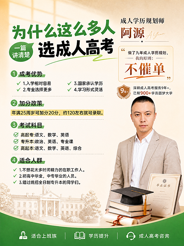 将提供的两张成人高考宣传海报整合成一张海报，保留第一张海报的所有文字信息：为什么这么多人选成人高考 一篇讲清楚，包含成考优势、加分政策、考试科目、适合人群全部内容，保留第二张海报的成人学历规划师阿源人物形象和宣传文字：做了九年成人学历规划，我的原则：不催单，深耕成人高考服务9年+，已帮900+学员圆梦大学，适合上班族 学历提升 成人高考咨询。画面版式精美清晰，协调融合两张海报内容，图片比例为3:4，整体风格专业简约，适合成人高考咨询宣传。