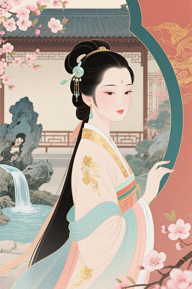 一位身着飘逸汉服的美女，长发挽起，簪着精致的玉簪，背景是古色古香的庭院，有假山流水，桃花盛开，整体画面唯美典雅，充满古风韵味