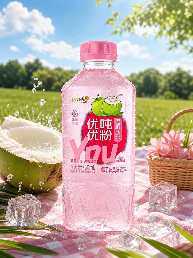 超写实夏日户外饮品摄影。
主体：电解质水瓶严格参照上传产品图，完整保留所有可见组件、部件、轮廓、结构、比例、材质、颜色与产品本体上的文字信息（logo/品牌名/产品名/规格/参数等），与上传图完全一致；自然融入场景光影，与场景共处同一物理空间。产品占画面约35%，完整不裁切，中景构图，背景无其他同类饮料产品。
构图：45度俯拍，黄金分割构图，产品位于画面视觉中心，周围留出更多场景空间。
风格：清新夏日ins风。
场景：户外草坪野餐场景，午后阳光明媚，蓝天白云，树影斑驳，远处可见绿色草地与树木。
环境材质：①产品下方，粉白格纹野餐布，棉质纹理，铺展在翠绿草坪上；②产品左侧，新鲜青椰子对半切开，露出白色椰肉与椰汁；③产品右侧，编织小藤篮里放着几朵粉色小花；④产品周围，散落几片翠绿椰子叶；⑤前景，几块透明冰块与飞溅的晶莹水花。
动态生机：瓶身外壁布满细密冷凝水珠，周围有飞溅的清凉水花，充满清爽活力感。
配色/材质：樱花粉 / 椰青绿 / 奶白 / 天蓝 / 草绿；透明塑料 / 棉质布料 / 新鲜椰肉 / 冰块 / 植物叶片 / 藤编。
光影：主光从右上方45度斜射的夏日自然光，明亮清透，照亮瓶身正面与冷凝水珠，形成柔和高光；辅光为地面漫反射，整体冷调清爽，无硬阴影。
参数：4K写实光追，商业产品摄影质感。严格锁定宽高比为3:4。