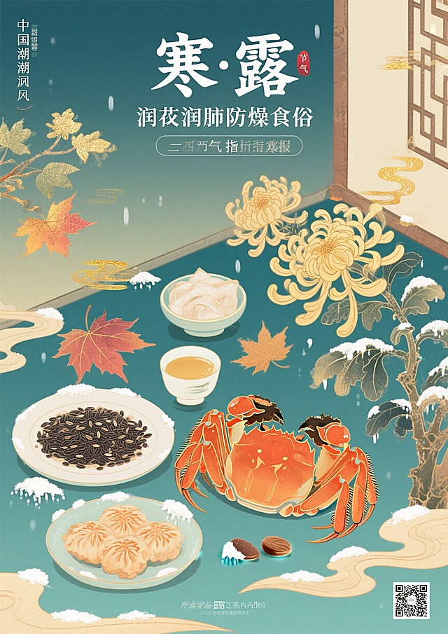 国潮插画风格，二十四节气寒露饮食指南海报，画面主体是芝麻、螃蟹、菊花酒等寒露传统食物，搭配霜露、盛放的菊花、枫叶等寒露节气元素，顶部有文字"寒露·润肺防燥食俗"，整体色调暖调雅致，传统国风配色，适合上墙展示