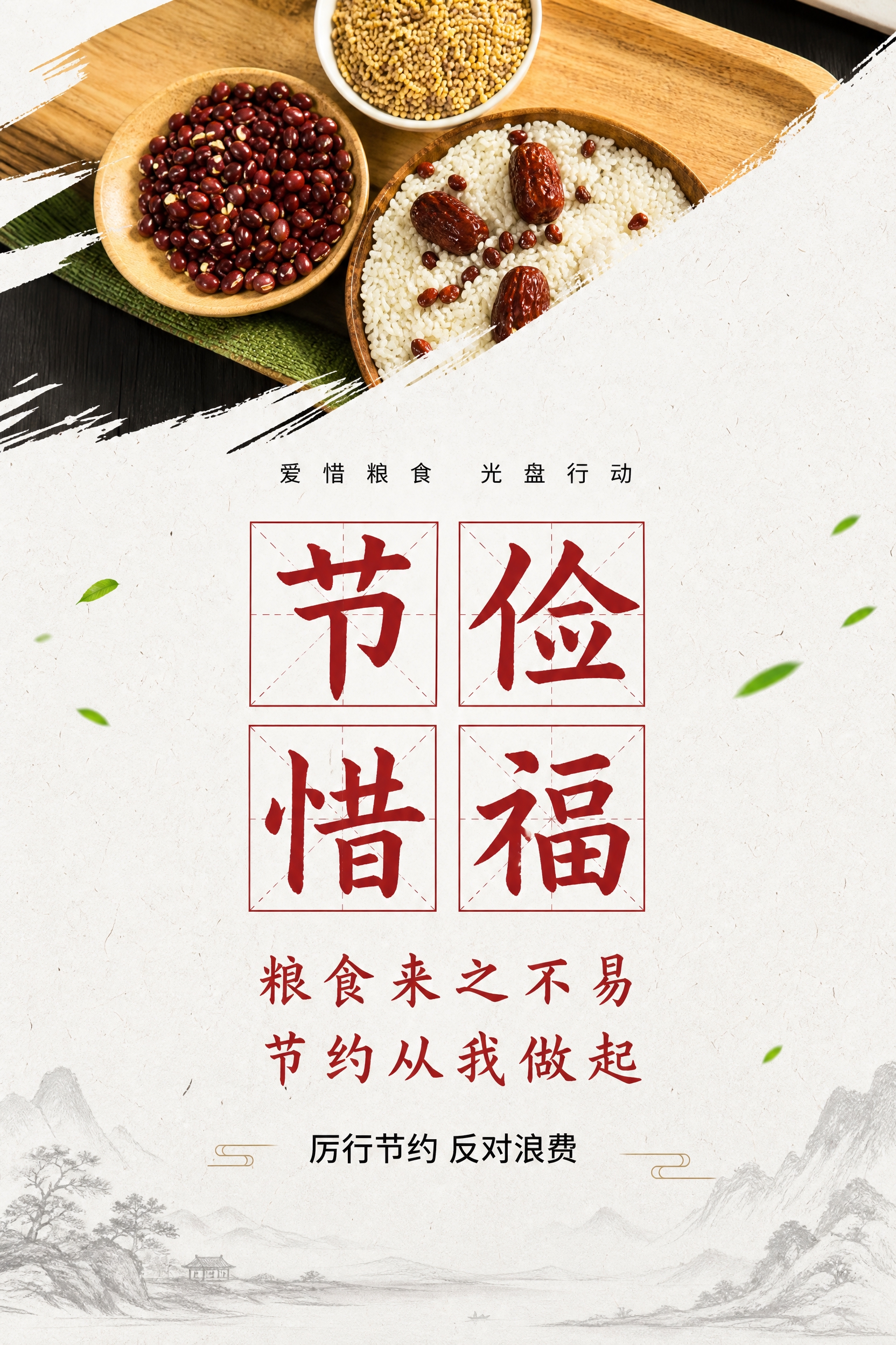 食堂文明海报设计，竖版3:2比例，新中式简约风格。顶部斜切展示… - 图片创意预览