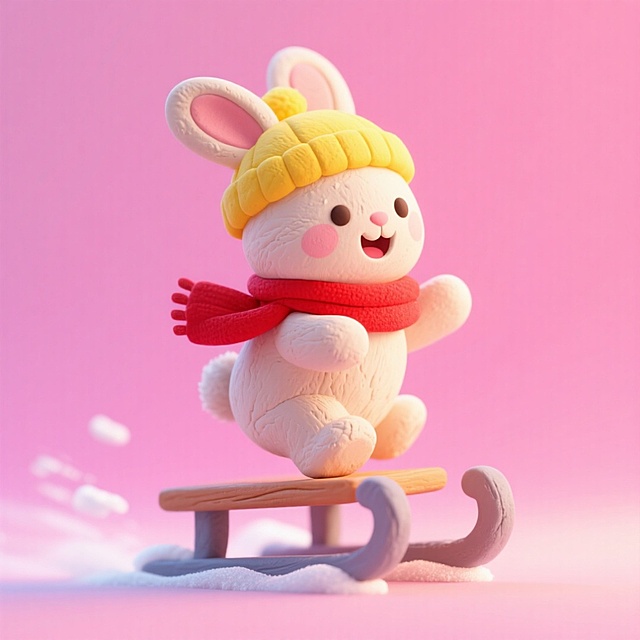 一个萌系小兔滑雪橇。它戴着黄色帽子，系着红色围巾，面带微笑，粉色渐变背景。
