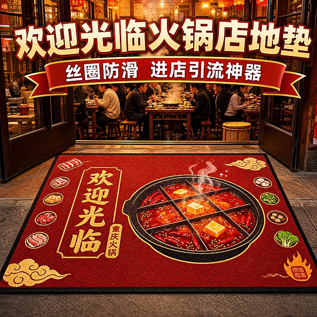淘宝天猫电商主图第一张车图，1:1正方形构图，主体是一张红色丝圈地垫，地垫左侧有竖排金色大字“欢迎光临 重庆火锅”，右侧是九宫格火锅图案，两侧排列火锅食材小图标，地垫铺设在火锅店门口，背景是热闹的火锅店内部，顾客满座吃火锅，热气腾腾，暖黄色灯光，喜庆热烈的氛围。画面上方加醒目主图文案排版：“欢迎光临火锅店地垫 丝圈防滑 进店引流神器”，字体醒目有设计感，突出产品卖点，商业摄影质感，高清细节，丝圈材质纹理清晰可见，产品主体突出，适合作为电商主图车图使用