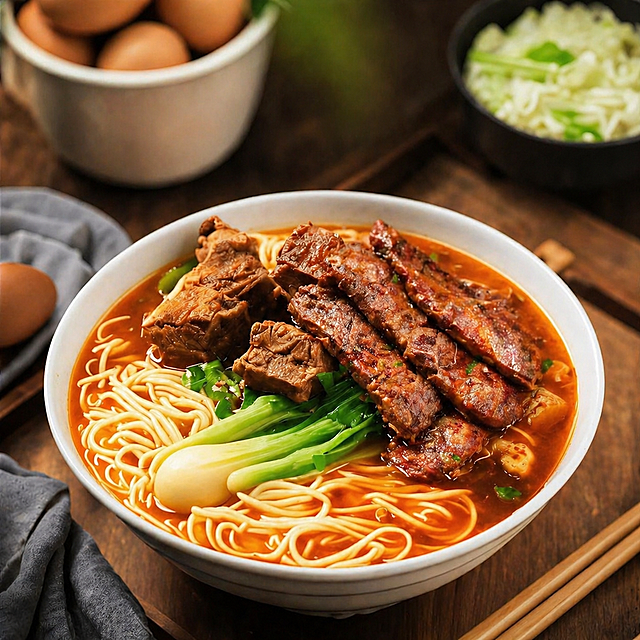 在原有的红烧牛肉面中添加几块煎好的牛排，保持原有的画面构图、美食摄影风格和所有其他元素不变，生成1:1比例的图片