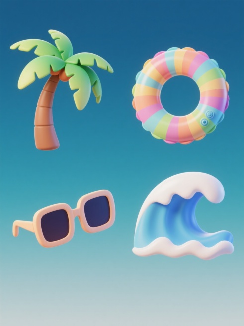 软3D风格插画，纯色背景，画面整体色彩变换，四个完全不同元素内容的系列素材集合规整排布，保持元素类目。元素包括：椰树（绿色渐变叶片，棕色树干，轻微弯曲的枝干，自然舒展的叶片形态）、游泳圈（彩色条纹，充气饱满的圆润造型，带有充气口细节）、墨镜（时尚方形镜框，深色镜片，细巧的镜腿设计）、海浪（波浪形曲线，白色浪花边缘，蓝色渐变填充，流动的动态感），每个元素独立呈现，色彩鲜明，造型简洁可爱，具有统一……预览效果