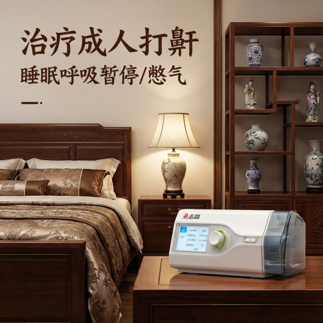 帮我生成5张不同的淘宝推广创意图，要求场景是睡眠环境、床边。主文案：治疗成人打鼾，副文案：睡眠呼吸暂停/憋气预览效果