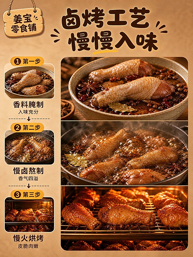 [淘宝-姜宝零食铺-详情图3] 工艺详解，暖棕调亲切风格。姜宝零食铺差异化风格：暖棕+奶黄主色调，圆润可爱字体，温馨家常感。左上角姜宝零食铺文字标识。卤烤工艺流程分三步纵向排列：第一步腌制鸡腿泡香料中；第二步慢卤锅中卤汁翻滚；第三步烘烤烤箱中烤至金黄。每步配小图和文字。背景暖棕色。工艺场景占约60%。暖光氛围，真实感强。背景暖棕色，标题深棕圆润字。顶部大标题"卤烤工艺 慢慢入味"圆润字体。三步：香料腌制 入味充分；慢卤熬制 香气四溢；慢火烘烤 皮脆肉嫩。3:4竖版详情页，文字清晰，排版整洁。无水印无平台Logo，无违禁词。负向：变形、错字、模糊、杂乱。