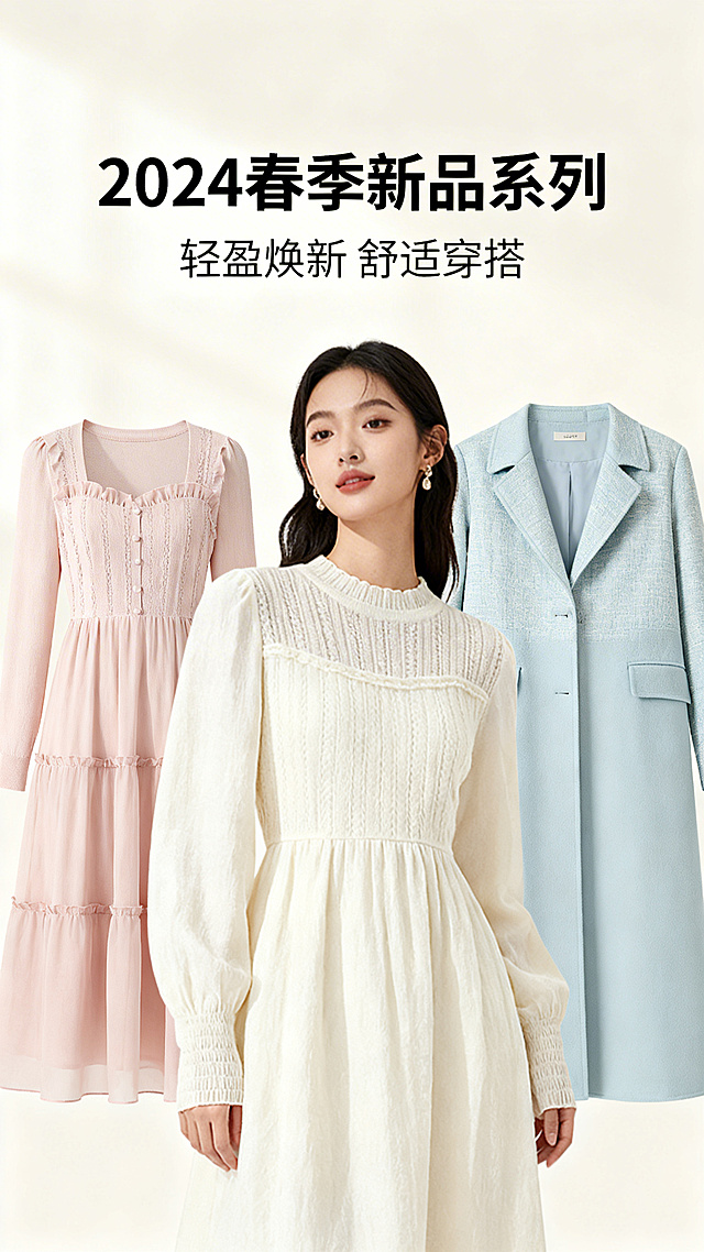 服装电商轮播宣传图，展示新款春季服饰系列，质感高级，构图简洁主体突出，适合电商店铺首页展示，文件大小不超过2MB