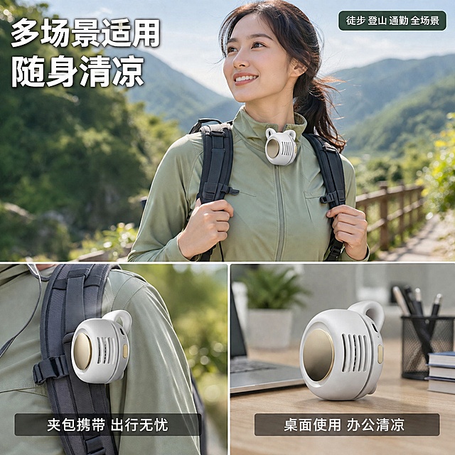 [主图-4] 小旋风无叶风扇户外场景使用体验展示，画中画拼贴布局。
[氛围风格] 户外清新自然风，阳光明亮，运动活力感；
[画质] 商业摄影质感、光线柔和通透、产品清晰真实、画面干净高级；
[元素] 画面采用上1下2的三宫格画中画拼贴布局。上方大图展示户外登山场景：一位年轻亚洲女性穿着运动速干衣，背着登山包，衣领上夹着白色款无叶风扇，正在山间步道徒步，阳光明媚，背景是青山绿树，人物表情轻松愉悦。下方左图展示产品夹在包带上的特写，背包肩带上夹着风扇，出行便携。下方右图展示产品放在桌面上当桌面风扇使用的场景，办公室桌面，风扇立在桌上送风。三幅图之间有细微白色分隔线。**保持产品外观（即物理结构、材质质感、颜色）与输入产品图绝对一致，杜绝任何变形和色差，精细化处理**。每张图中产品清晰可辨。
[光影] 上方大图为自然光户外阳光，明亮温暖，人物和产品受光自然；下方两图光线统一为柔和自然光，整体光影风格协调。
[配色] 主色自然绿+阳光暖调；辅色产品白+金色；字色白色+深绿。
[视角构图] 三宫格拼贴，上图占上半部分，下图左右均分；每幅图都是真实场景视角，有代入感。
[文字版式] 左上角叠加主标题"多场景适用 随身清凉"白色大号粗体无衬线，带轻微深色描边确保在复杂背景上可读。下方每张小图底部有半透明深色条，内有白色文字标注：左下图"夹包携带 出行无忧"，右下图"桌面使用 办公清凉"。右上角小标签"徒步 登山 通勤 全场景"白字深底圆角矩形。
[输出要求] 1:1比例，文字清晰锐利，画面超高清商业摄影质感。
[负向提示词] 变形，文字错乱，产品图模糊，背景杂乱，水印，电商平台Logo。
