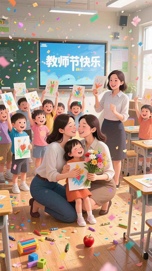 三位年轻女老师在画面中心，与一群4岁孩子们热情互动，一位老师蹲在地上被一个4岁小女孩紧紧抱住，一位老师拿着孩子的画，一位老师拿着鲜花，一群孩子们举起杂乱而多彩的蜡笔画围绕在画面周围，一个小男孩送上一个红苹果，背景为现代化多媒体教室，有电视显示教师节快乐字体，木板地面，周围有散落的玩具，无桌椅、明亮通风温馨；广角镜头，捕捉整个充满欢乐和庆祝气氛的教室，彩纸屑，花瓣在空中飘浮、背景温暖的散景光斑，柔和