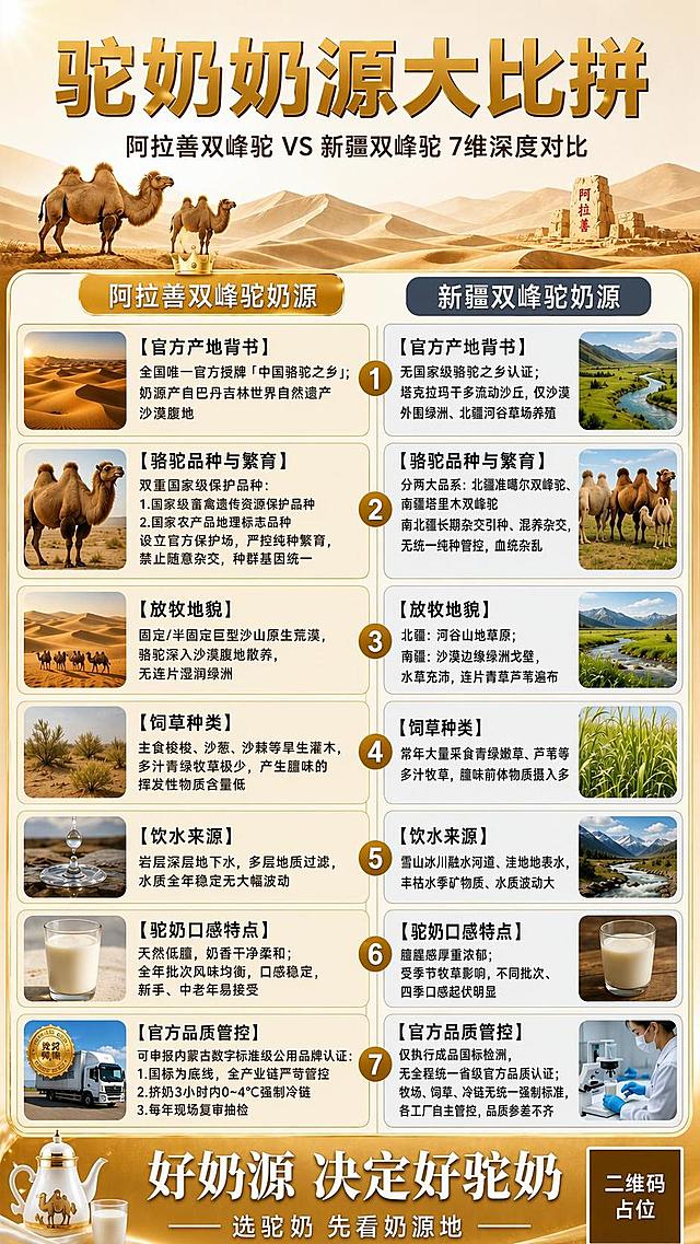 校正这张驼奶奶源对比海报的字体清晰度，重点优化右侧「新疆双峰驼奶源」部分的所有文字，使其清晰锐利、笔画分明，与左侧阿拉善侧文字清晰度保持一致。

具体要求：
1. 右侧新疆双峰驼奶源栏下7个维度的所有正文文字，全部重新渲染为清晰的黑色/深灰色标准宋体或黑体字，字号适中，笔画锐利不模糊
2. 左侧阿拉善双峰驼奶源栏文字也同步优化清晰度，确保左右两侧文字清晰度完全一致
3. 每个维度的标题文字（如【官方产地背书】等）加粗加深，更加醒目
4. 中间的数字编号1-7保持金色圆形徽章样式，数字清晰
5. 顶部大标题「驼奶奶源大比拼」和副标题文字也优化清晰度，金色立体字边缘锐利
6. 底部「好奶源 决定好驼奶」及副标题文字同样优化清晰度
7. 所有配图、布局、颜色风格、二维码占位均保持不变，只提升文字清晰度和字体质量
8. 确保整张海报所有文字都清晰可读，无模糊、重影、笔画粘连现象