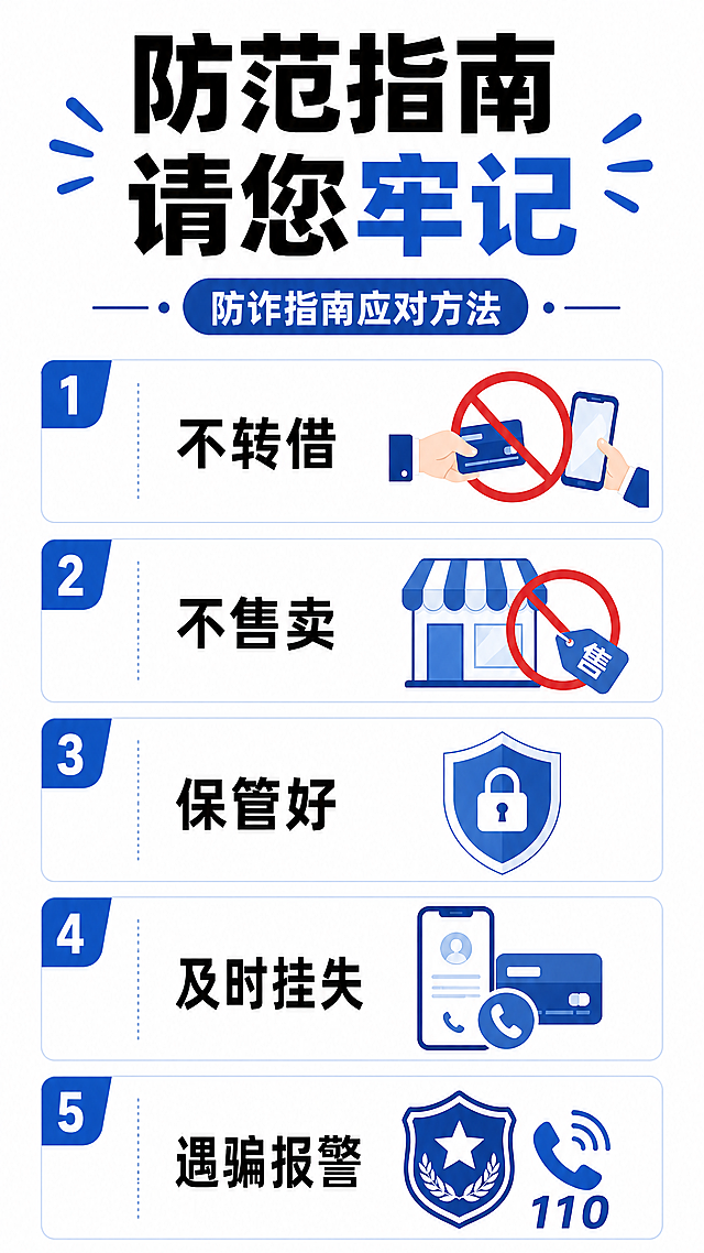 [第6屏] 防诈指南应对方法。主标题：防范指南 请您牢记。五个贴士卡片：不转借、不售卖、保管好、及时挂失、遇骗报警，配对应图标，清晰排列。白底实用风格，9:16竖版，4K分辨率，文字清晰。