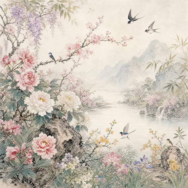 4月花鸟风景图，国画风格，各类花卉飞鸟，画面清新雅致，不包含任何文字，背景风格与1月近似统一