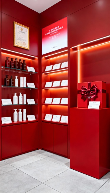 类似风格生产6张，这是一个品牌美妆产品展示空间，采用现代精致的商业陈列风格，以低角度平视的视角拍摄，画面构图稳定规整：
整体空间以浓郁的正红色为主色调，墙面与嵌入式展示柜体统一为哑光质感的正红色，柜体预览效果