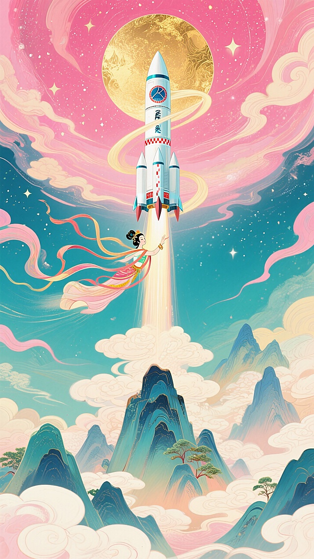 火箭居画面中心垂直向上为核心焦点，嫦娥环绕火箭，披帛环绕火箭飘逸展开，背景下方山峦、上方星空，空间延伸，画面粉金色调，梦幻色彩和光影变化，具有丰富的层次感和立体感
