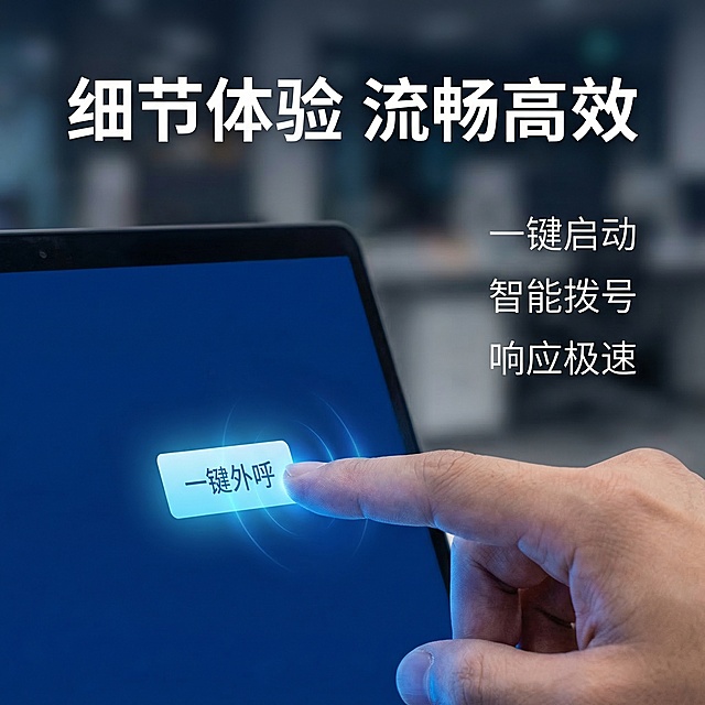 [主图主题] 企业外呼软件操作细节展示
[氛围/风格] 科技质感，高清特写，专业聚焦
[画面元素] 特写放大展示笔记本电脑屏幕上的一键外呼操作按钮，手指正准备点击按钮，周围带有微弱的蓝色光效突出交互细节，背景虚化处理，突出操作界面关键部分，整体清晰锐利，质感细腻
[配色色系] 主色调：深蓝色界面；辅助色：浅蓝色按钮高亮，白色文字
[视角构图] 近距离特写，平视聚焦，浅景深突出主体
[文字版式] 左上角主标题 " 细节体验 流畅高效 "，右侧竖向卖点文字 " 一键启动 智能拨号 响应极速 "，文字采用无衬线白色字体，主标题加粗放大，卖点字号依次递减，排版自然不遮挡核心交互区域。