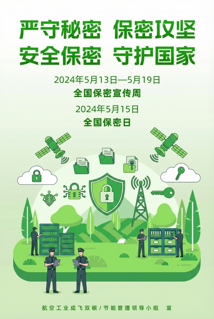 将原图中的节能低碳相关元素替换成保密相关的设计元素，保持原海报整体的扁平化插画风格、绿色浅色系的配色方案和竖版构图结构不变，保留海报底部的落款文字不变。预览效果