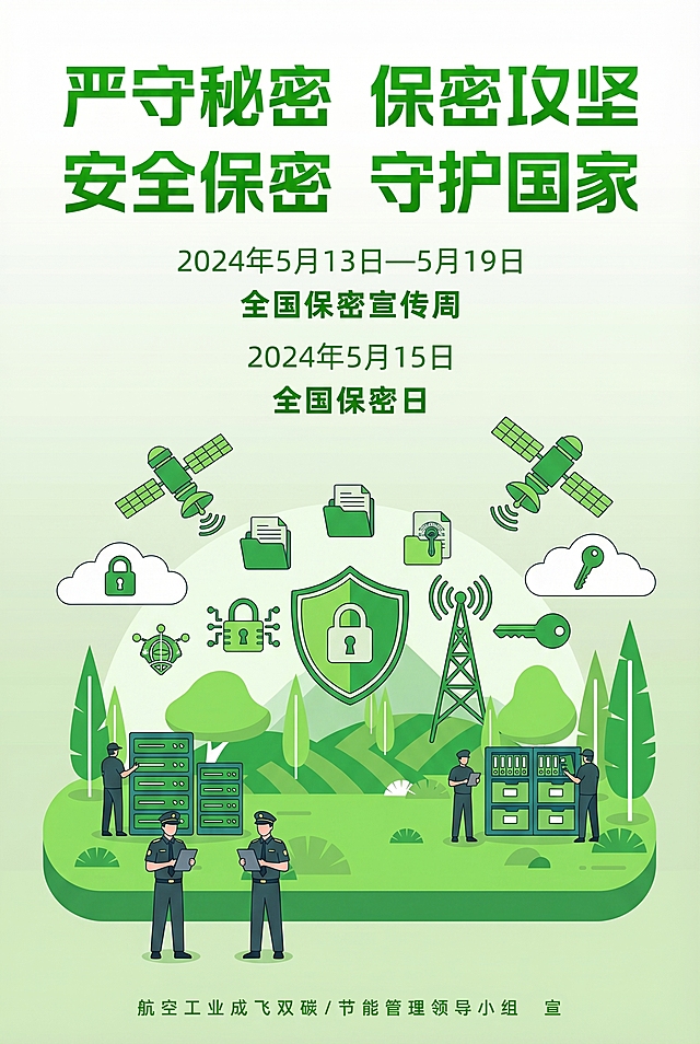 将原图中的节能低碳相关元素替换成保密相关的设计元素，保持原海报整体的扁平化插画风格、绿色浅色系的配色方案和竖版构图结构不变，保留海报底部的落款文字不变。