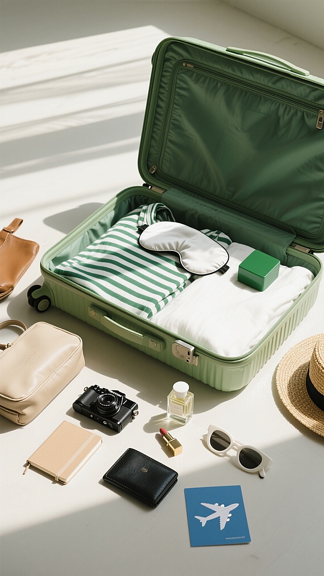 一个打开的绿色行李箱，内部整齐地铺着白色衬布和绿色条纹衣物，旁边放着白色眼罩、绿色方块物品，行李箱外散落着米色皮质收纳包、黑色相机、米色笔记本、白色太阳镜、草帽、香水瓶、口红、黑色小皮件和印有飞机图案的蓝色卡片，整体采用简约清新的摄影风格，明亮柔和的自然光从上方照射，形成清晰自然的阴影，色调以绿色、米色、白色为主，营造出轻松愉悦的旅行氛围，画面构图讲究，物品摆放有序，具有强烈的生活美学感和精致的收纳展示效果。