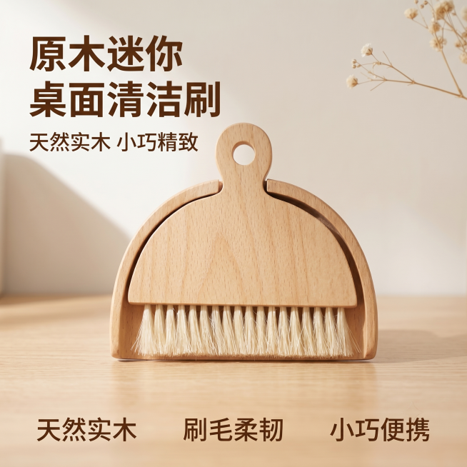 [主图-1] 原木迷你桌面扫把簸箕清洁刷首图
[氛围风格] 清新自然原木家居风，明亮通透干净整洁
[画质] 商业摄影质感、光线柔和通透、产品清晰真实、画面干净高级
[元素] 原木迷你桌面扫把簸箕套装居预览效果