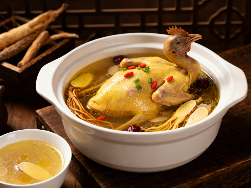 养生名菜参芪乳鸽，整只炖至软烂的乳鸽皮色嫩黄油润，搭配党参、黄芪等滋补食材，汤色清澄透亮，飘着淡淡油花，撒上少许枸杞和葱花提色，盛放在白瓷砂锅里，摆放在中式木质餐桌上，旁边放一小碗盛出的汤品，暖光下食预览效果