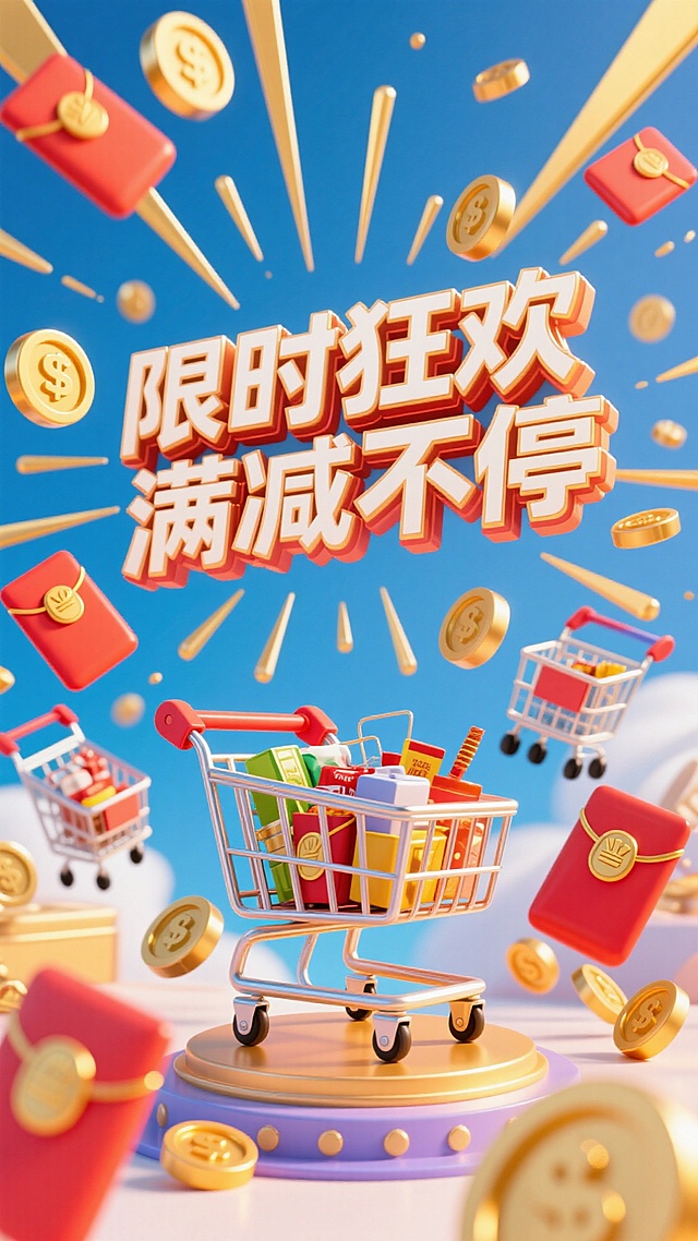 3D大字，文字内容为“限时狂欢，满减不停"，背景为购物车、红包、放射线、金币元素组成的场景