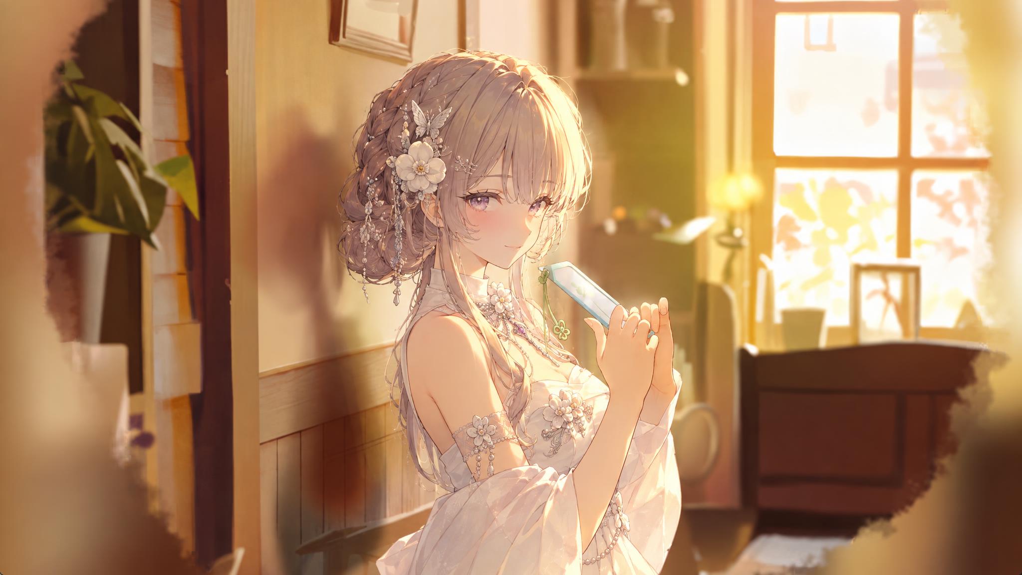将第一张图中的黑发马尾制服少女替换为第二张图中的浅灰紫色头发、… - 图片创意预览