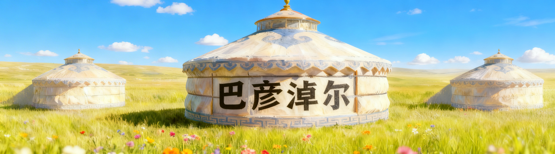 参考当前图片构图和风格，将中间蒙古包上的文字替换为“巴彦淖尔”，保留蓝天小云朵、草地上彩色野花、三个蒙古包布局不变，尺寸360*100预览效果
