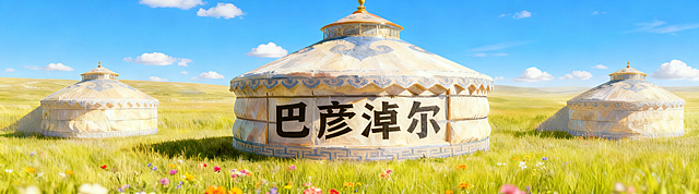 参考当前图片构图和风格，将中间蒙古包上的文字替换为“巴彦淖尔”，保留蓝天小云朵、草地上彩色野花、三个蒙古包布局不变，尺寸360*100
