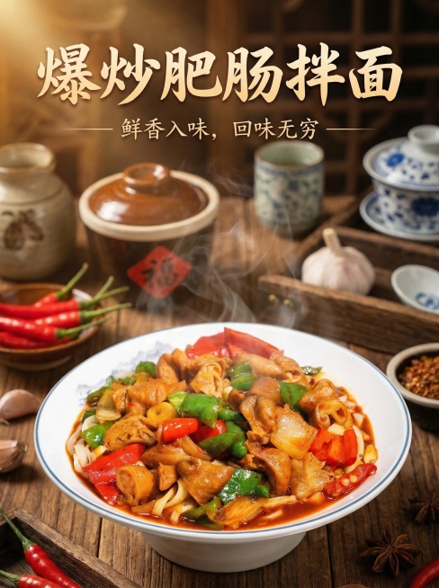 爆炒肥肠拌面美食宣传海报，电影级质感，细节丰富，红油鲜亮，肥肠Q弹有光泽，青红椒饱满鲜艳，面条筋道挂汁，整体充满美食诱惑力，氛围温暖有食欲预览效果