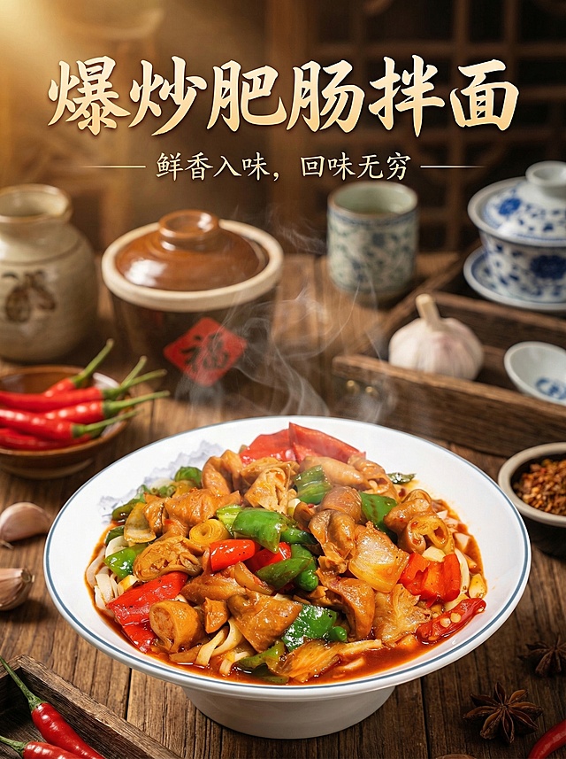 爆炒肥肠拌面美食宣传海报，电影级质感，细节丰富，红油鲜亮，肥肠Q弹有光泽，青红椒饱满鲜艳，面条筋道挂汁，整体充满美食诱惑力，氛围温暖有食欲