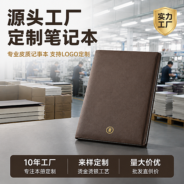 [主图-1] 源头工厂皮质笔记本工厂背景首图
[氛围风格] 1688工厂直供风，真实工厂车间背景，商务专业质感
[画质] 商业摄影质感、光线明亮通透、产品清晰真实、画面干净高级
[元素] 棕色皮质封面笔记本居中偏右放置，封面烫金logo清晰可见，产品呈45度角斜立展示，商品主体占比约60%。背景为真实笔记本工厂生产车间，远处可见装订生产线、工人操作身影、整齐堆放的原材料纸张与成品包装箱，车间灯光明亮整洁，体现规模化生产实力。前景左侧留出文案负空间。保持棕色皮质笔记本外观（即物理结构、材质质感、深棕色皮面、烫金徽章logo）与输入产品图一致，杜绝任何变形和色差，精细化处理；产品光影随工厂车间环境调整自然融入，禁止产品边缘硬切、悬浮感。
[光影] 工厂车间顶部冷白荧光灯为主光源，均匀明亮；产品正面补柔光，皮质表面有细腻高光，烫金logo有金属光泽反射，底部有自然接触阴影。
[配色] 主色深棕色（产品皮面）+ 工业灰（工厂背景）；辅色金色（烫金logo与强调文字）；强调色藏蓝色
[视角构图] 平视略偏俯视，产品为视觉中心，前中后景分层，背景车间适度虚化突出主体，景深中等
[文字版式] 左上负空间左对齐，主标题大字"源头工厂 定制笔记本"深棕色粗黑体最大号；副标题"专业皮质记事本 支持LOGO定制"金色中号；底部通栏三列卖点：左列"10年工厂"上短下说明"专注本册定制"、中列"来样定制"上短下说明"烫金烫银工艺"、右列"量大价优"上短下说明"批发直供价"，白字深棕底卡片，圆角设计。右上角金色徽章标"实力工厂"。
[输出要求] 1:1比例，文字清晰可辨，超高清商业摄影质感
[负向提示词] 变形，文字错乱，产品图模糊，背景杂乱，水印，电商平台Logo，手指畸形，人物面部扭曲
