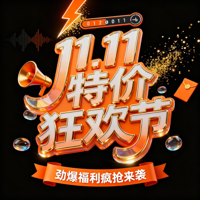 现代科技动感风格电商促销海报，C4D渲染8K画质，纯黑背景，视觉中心为“11.11 特价狂欢节”动感手绘艺术字，字体向右倾斜10°，笔画粗细对比强烈，曲线灵动如流体般富有速度感与冲击力，橙金渐变填充带预览效果
