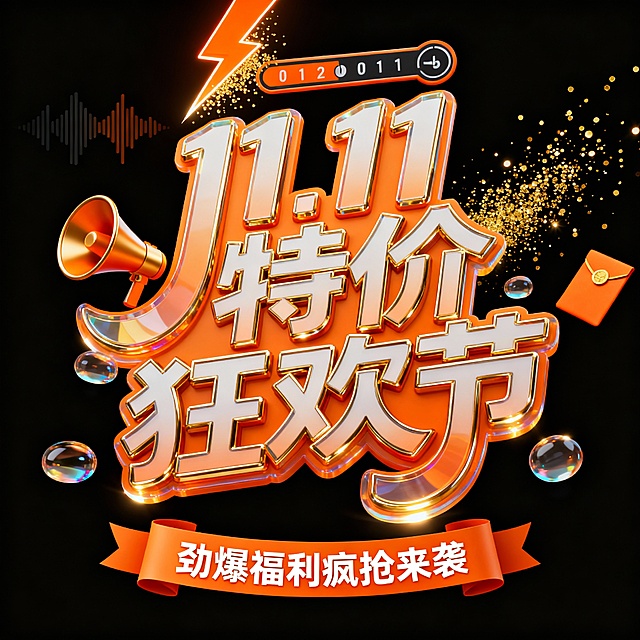现代科技动感风格电商促销海报，C4D渲染8K画质，纯黑背景，视觉中心为“11.11 特价狂欢节”动感手绘艺术字，字体向右倾斜10°，笔画粗细对比强烈，曲线灵动如流体般富有速度感与冲击力，橙金渐变填充带玻璃质感与多层反光，亮金金属立体描边，笔画边缘有清新柔光高光带形成悬浮效果，顶部有橙色闪电带金粉光效与倒计时图标，左侧有声波喇叭装饰橙金撞色，右侧有橙色红包与金色光粒飞散，底部有橙色卷轴标签写白色文字“劲爆福利疯抢来袭”，整体清新明亮光效，强视觉冲击，电商平台促销宣传用图