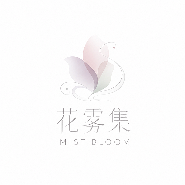 干净的纯白色背景。平面品牌logo设计，中文主体文字"花雾集"，英文副标"MIST BLOOM"，中文在上英文在下居中排列，现代东方极简风格。中文为纤细柔美宋体，笔画极细优雅，有细微的粗细对比，字形修长端庄；英文为极细无衬线字体，线条简洁利落。图形符号为朦胧半虚化花瓣剪影，流动薄雾般的柔曲线条环绕，没有写实花朵，只有虚化朦胧的花瓣轮廓，如雾气中若隐若现。莫兰迪低饱和配色，雾灰粉、烟紫灰、灰豆绿三色渐变融合，烫银哑光质感。大量留白，高级轻奢感，矢量图形，扁平化设计，无阴影，品牌标识，构图居中对称，商业VI级标准，高清精致。文字整体必须完整呈现在画面内不可被裁切，四周留有安全边距。