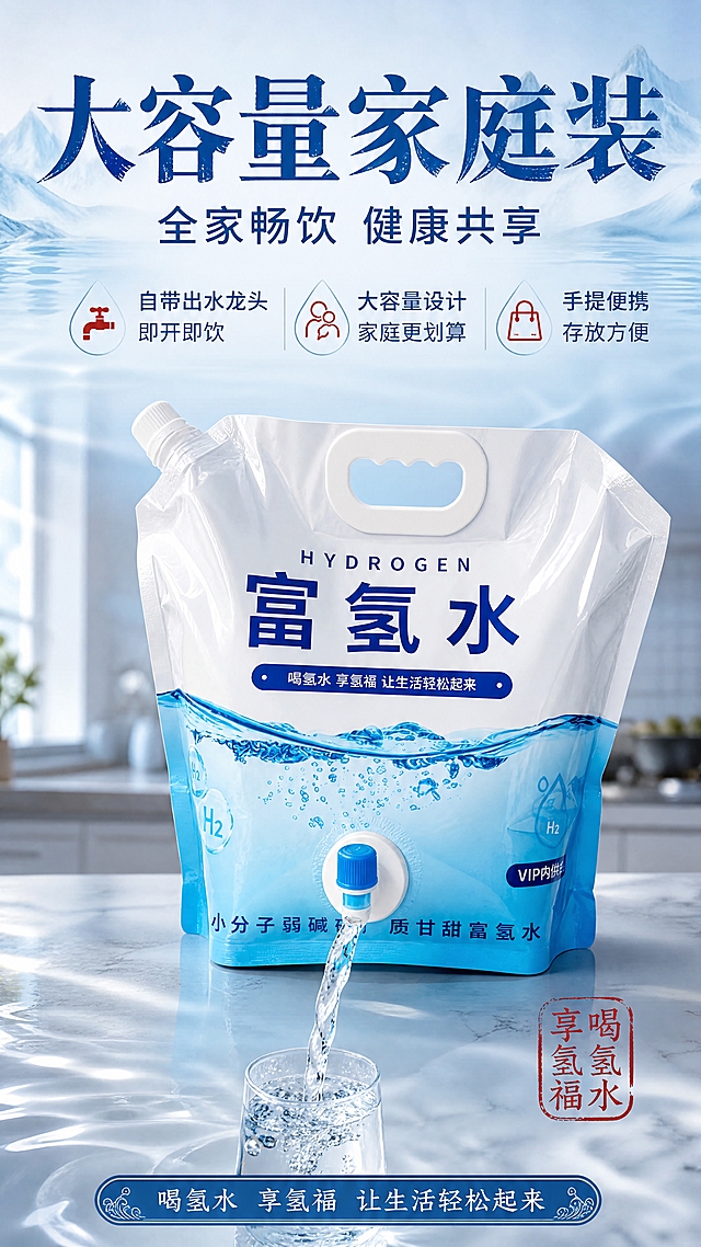 [商品] 使用【图5】富氢水大容量袋装；保留提手、吸嘴盖、底部龙头出水阀、"富氢水"大字、水波纹包装、HYDROGEN英文、"小分子弱碱矿质甘甜富氢水"文字，真实还原袋身质感与褶皱。
[画面] 目标：大容量家庭装产品特写，突出龙头出水设计与家庭饮用优势。构图：上文下图，下方产品占画面65%，正面略侧角度，展示提手与出水龙头；上方信息区；前景水流从龙头流出的动态效果，中景产品，背景蓝色水波纹与家庭厨房台面虚化，3层视觉层次。阅读动线：从上至下。
[视觉] 套系策略：风格=江南水韵清新商业摄影，国潮插画与写实产品结合；标题字=现代宋体加粗，带水纹笔触感；正文字=简洁无衬线体；主色=清透水蓝（#4A90D9）；背景延展=基于水蓝色做深浅渐变、水面波纹、云雾缭绕的江南意境；强调色=朱红印章色（#C23B22），仅用于小面积图标、印章标签和重点高亮；标题色=深蓝（#1E3A5F）；正文色=深灰蓝（#3A5A7C）；组件=圆角水纹信息卡、细线水滴引线、印章式标签；光影=柔和顶光+水流折射光，通透清冽。
[文字] 顶部主标题"大容量家庭装"，副标题"全家畅饮 健康共享"；下方3个卖点："自带出水龙头 即开即饮""大容量设计 家庭更划算""手提便携 存放方便"；底部"喝氢水 享氢福 让生活轻松起来"。文字均为横排，不遮挡产品主体。
[规格] 图片比例9:16竖版，4K，避免变形、错字、文字过小、产品颜色改变、包装文字错乱。