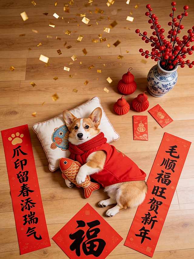 国潮风与轻拟物结合，刺绣风鱼形抱枕点缀，实景感十足的春节场景，喜庆红金配色，剪纸元素融入对联，营造温馨中式年味。