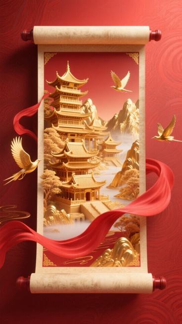 红色为主色调。红色暗纹渐变背景，画面主体是华丽精致的立体卷轴展开的效果，卷轴内有通体黄金的古典楼阁建筑群、金色山水景观，搭配红色飘带、金色飞鸟预览效果