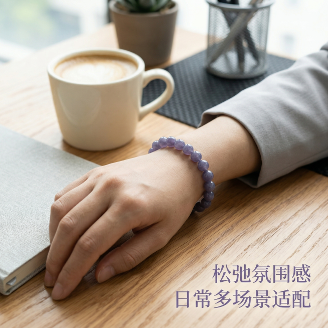基于用户上传原图，保持和田玉烟紫圆珠手串产品色泽外观不变。主图主题：日常佩戴场景展示。氛围风格：自然通勤松弛感，清冷高级氛围感。画面元素：展示一位年轻女性亚洲面孔的左手手腕，佩戴这款和田玉烟紫圆珠手串预览效果
