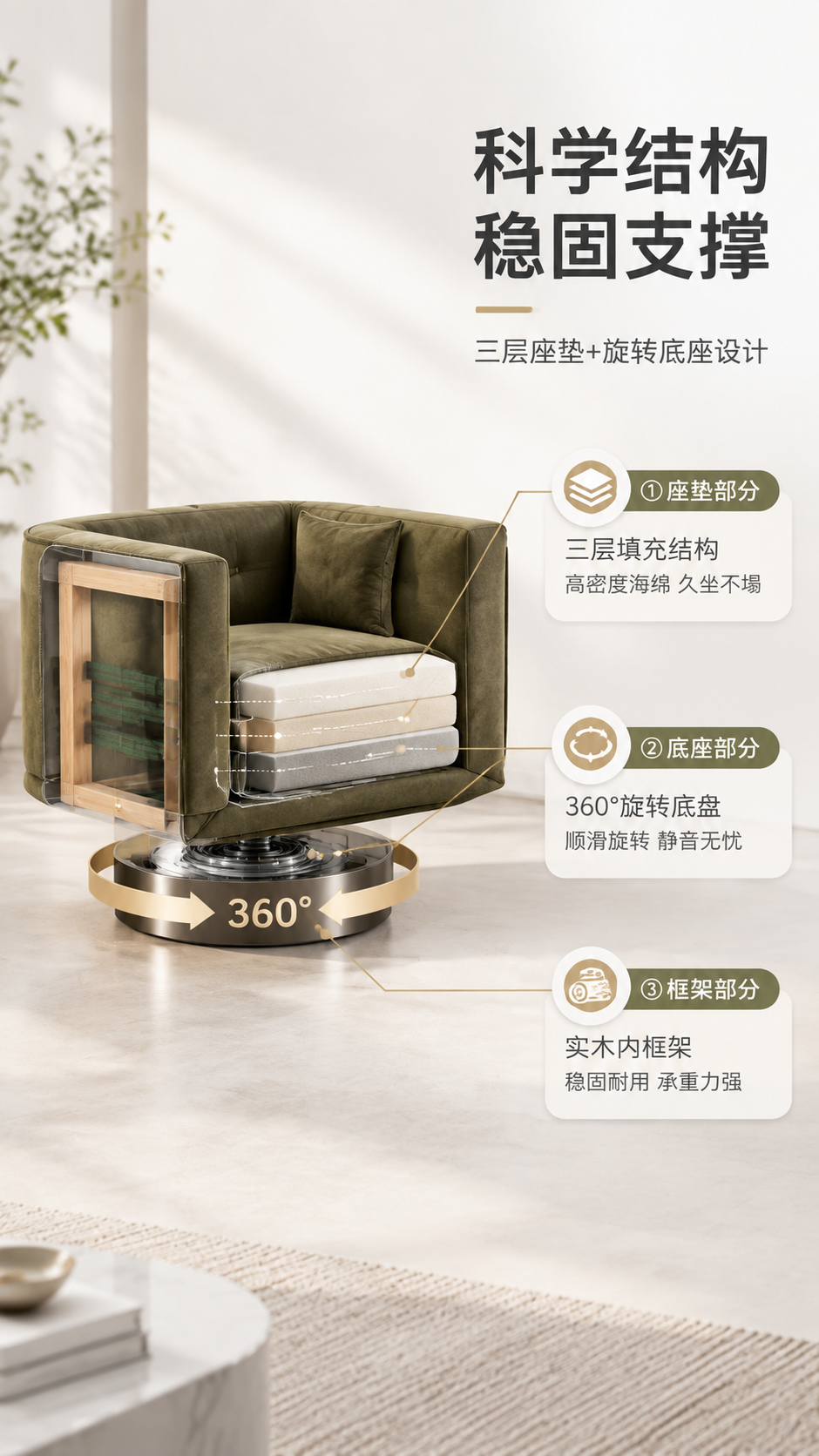 [商品] 使用【图1】橄榄绿绒布单人旋转沙发椅；保留整体结构、… - 图片创意预览