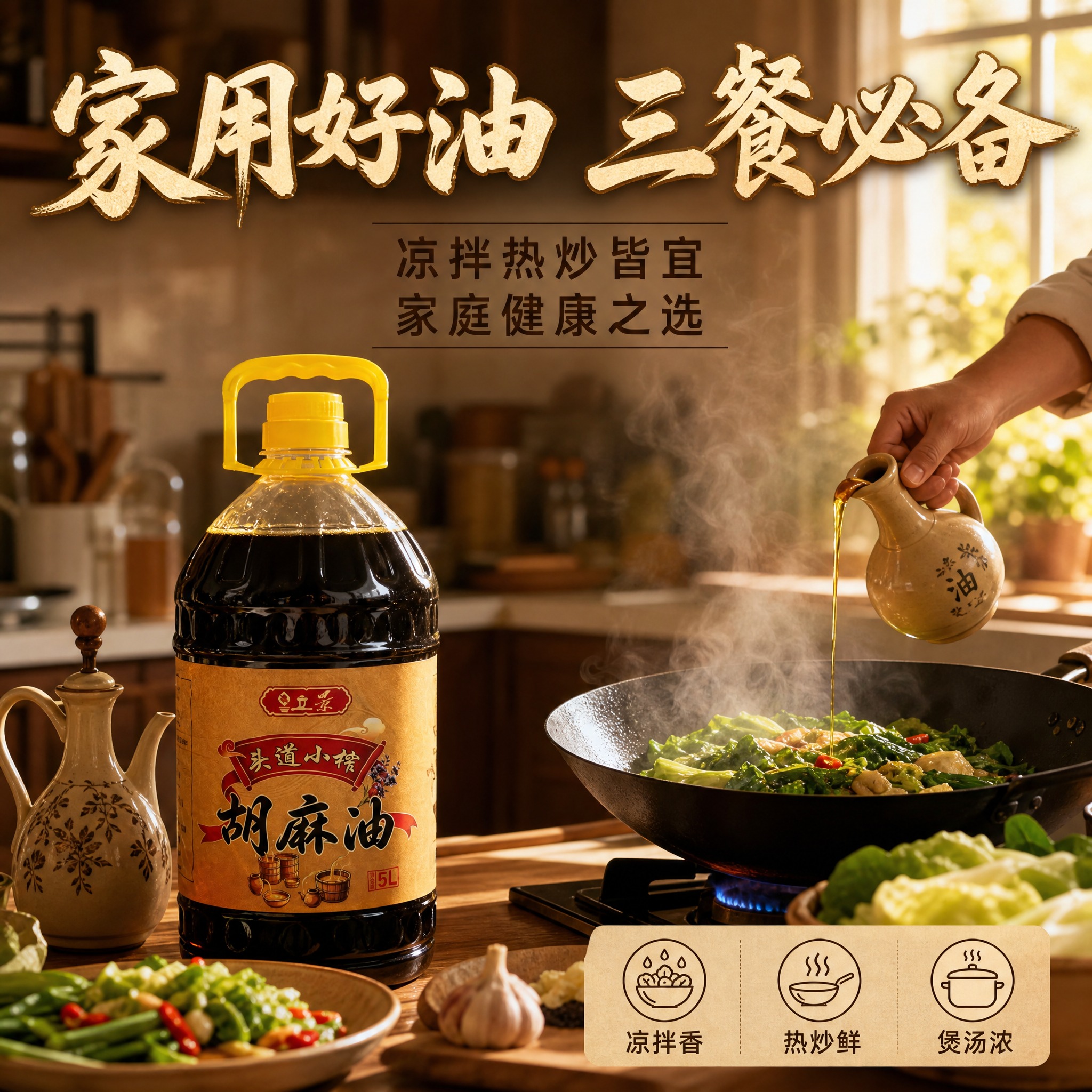 [主图-4] 家庭厨房使用场景图，核心任务是展示胡麻油在家庭烹… - 图片创意预览