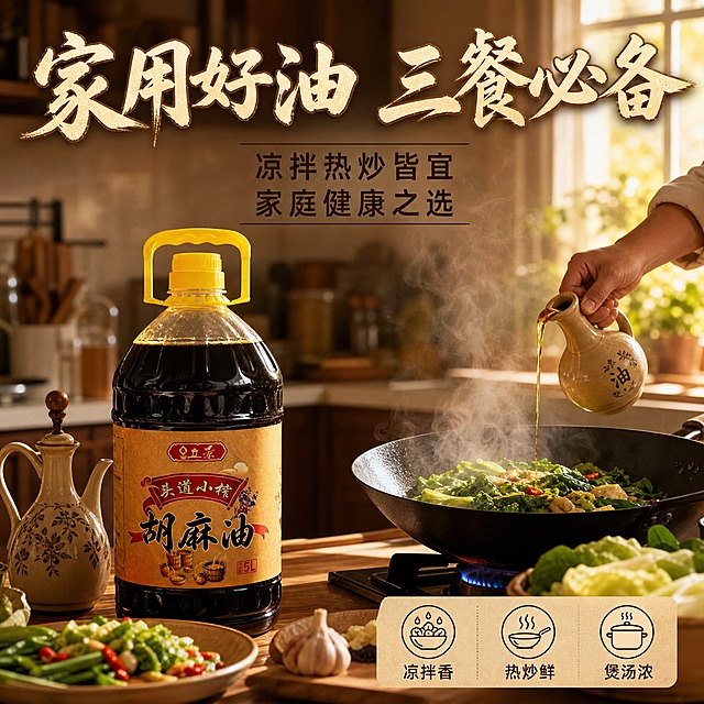 [主图-4] 家庭厨房使用场景图，核心任务是展示胡麻油在家庭烹饪中的使用场景，唤起生活联想，强化刚需属性。
[统一基调] 国风粮油质感，暖棕金配色，背景为温馨的中式家庭厨房场景，主标题粗笔刷书法米白描金，辅助文案深棕黑体。
[画面] 画面中央为中式厨房台面，台面上摆放着5L装立景胡麻油大桶（黄色提手款），旁边有正在烹饪的中式炒锅，锅中有冒着热气的家常菜（如炒青菜或凉拌菜），有热气升腾的氛围感。台面上还有陶瓷油壶、胡麻籽小碟、新鲜蔬菜等厨房元素。一只手正拿着油壶往锅中倒油的动态瞬间，油线金黄透亮。背景是虚化的厨房橱柜与窗户，有温暖的自然光。
[光影质感] 自然窗边暖光，整体明亮温馨，油烟有丁达尔光效，产品在场景中自然摆放，有真实的接触阴影，生活摄影质感。
[配色] 厨房暖木色+米白色调，油体金黄，标题米白描金，文字深棕，整体温暖有家的感觉。
[文字版式] 画面上方主标题大字："家用好油  三餐必备"，粗笔刷书法体。主标题下方辅助文案两行："凉拌热炒皆宜  家庭健康之选"。画面右下角有三个小图标横向排列："凉拌香""热炒鲜""煲汤浓"，每个图标配小字说明。
[输出要求] 1:1正方形，2048x2048，场景真实自然，产品融入场景不突兀，文字清晰，禁止变形、错字、人物面部、水印。
