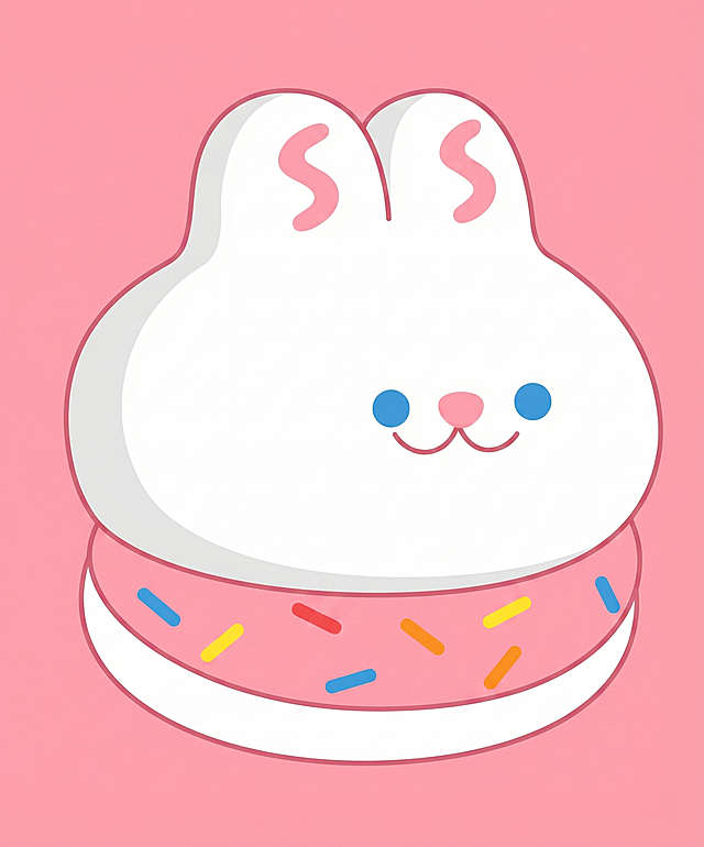 参考参考图中的兔子图案，画出兔子的正面平面图，保持兔子的造型特征：蓝色圆形眼睛，粉色鼻子，微笑嘴巴，粉色内耳轮廓，上白下粉的配色，粉色区域带有彩色糖屑装饰