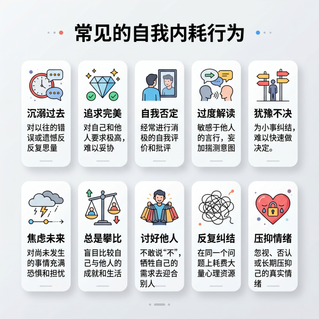 简约图文设计图，浅灰色干净背景，共10个白色圆角方框分两排排列，每排五个方框。每个方框内包含一条自我内耗行为的文字描述，整体风格简洁清晰，文字排版工整。预览效果