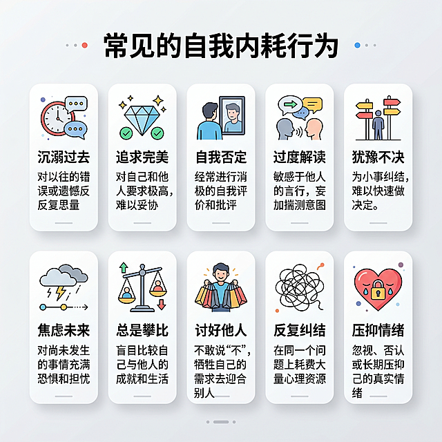 简约图文设计图，浅灰色干净背景，共10个白色圆角方框分两排排列，每排五个方框。每个方框内包含一条自我内耗行为的文字描述，整体风格简洁清晰，文字排版工整。