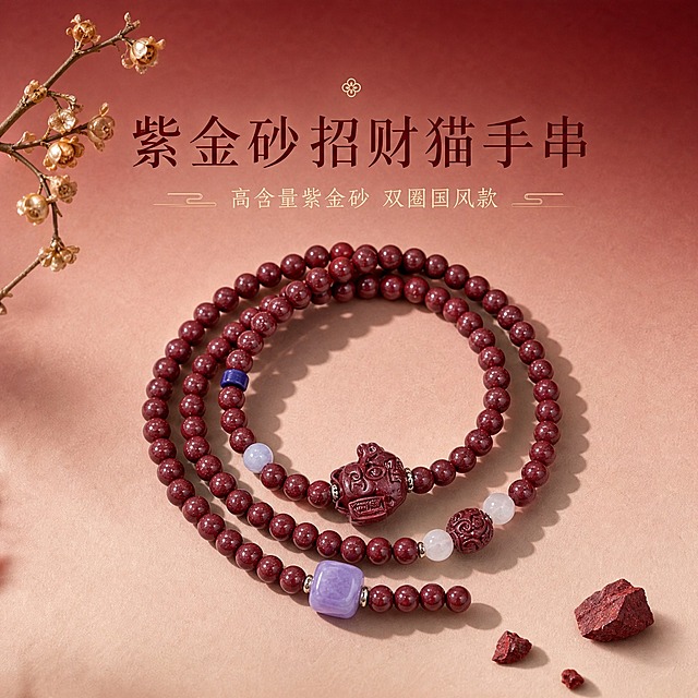 [主图-1] 首图点击率 紫金砂招财猫平安转运珠双圈手串 整体氛围展示
[统一基调] 高级渐变酒红到裸粉色背景，带细腻纸质感肌理，国风高级珠宝摄影风格，柔光箱主光+侧方轮廓光，整体色调温暖雅致，字体使用纤细宋体类国风字体，标题字色为深酒红色，辅助文字为米金色，图标采用简约线性国风图标。
[画面] 紫金砂招财猫平安转运珠双圈手串居中偏下摆放，完整展示双圈结构、招财猫雕刻坠饰、紫色方珠配珠、蓝色隔珠、白色圆珠配珠，产品外观、颜色、结构、材质与输入图完全一致。手串自然盘绕成两圈，招财猫坠饰位于视觉中心偏下位置。背景为酒红到裸粉的高级渐变，带细腻宣纸/卡纸纹理质感。画面左上角点缀一小枝干枯的国风腊梅枝条（简约装饰，不抢主体），右下角散落2-3颗天然小朱砂原石颗粒作为配饰点缀。主体占比约60%。
[光影质感] 商业珠宝摄影质感，柔光箱主光从左上45度打下，形成柔和明暗过渡，朱砂珠子呈现深邃暗紫红色泽，表面有细腻天然矿物星光质感，招财猫雕刻细节清晰，配珠通透有光泽。底部有自然柔和的接触阴影，无悬浮感。
[配色] 背景：酒红→裸粉高级渐变+纸质感肌理；主文字：深酒红色；辅助文字：米金色；点缀色：朱砂红、淡紫色。
[文字版式] 画面上方居中位置，主标题大字"紫金砂招财猫手串"，下方小字副标题"高含量紫金砂 双圈国风款"，文字不遮挡产品主体。字体纤细优雅，国风宋体风格。
[输出要求] 1:1正方形构图，2K分辨率，产品清晰锐利，文字清晰可读，整体高级雅致。负向：变形、错字、模糊、杂乱、水印、平台Logo、塑料感、产品外观改变、颜色偏差。